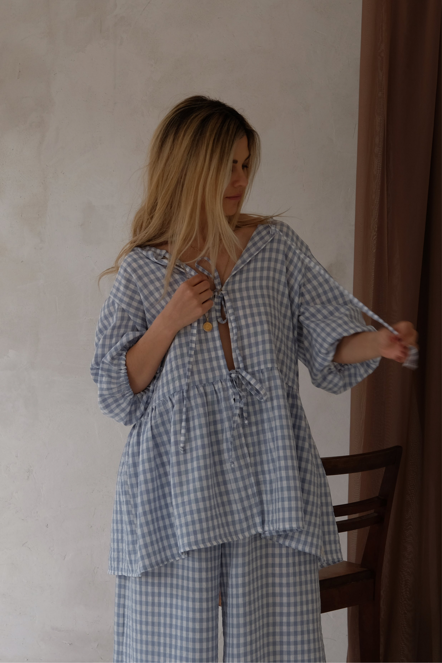 The SIENNA TIE TOP | Sky Blue Check