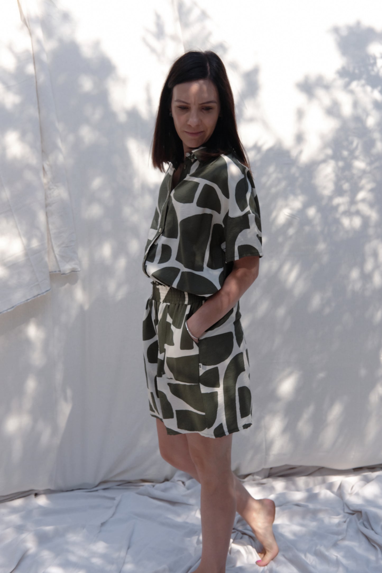 Adult Shortie Button Up Set | OLIVE PRINT