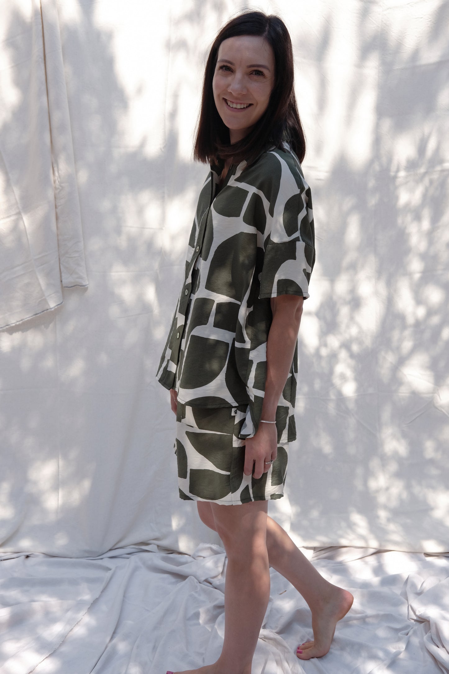 Adult Shortie Button Up Set | OLIVE PRINT